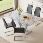 Dinner Table Set for 4, 63'' Grey Faux Marble Dining Table Set for 4 with PU Upholstered Chairs, Modern Rectangle Kitchen Table Chairs Set of 4, Ideal for Dining Room, Sturdy and Easy Assembly